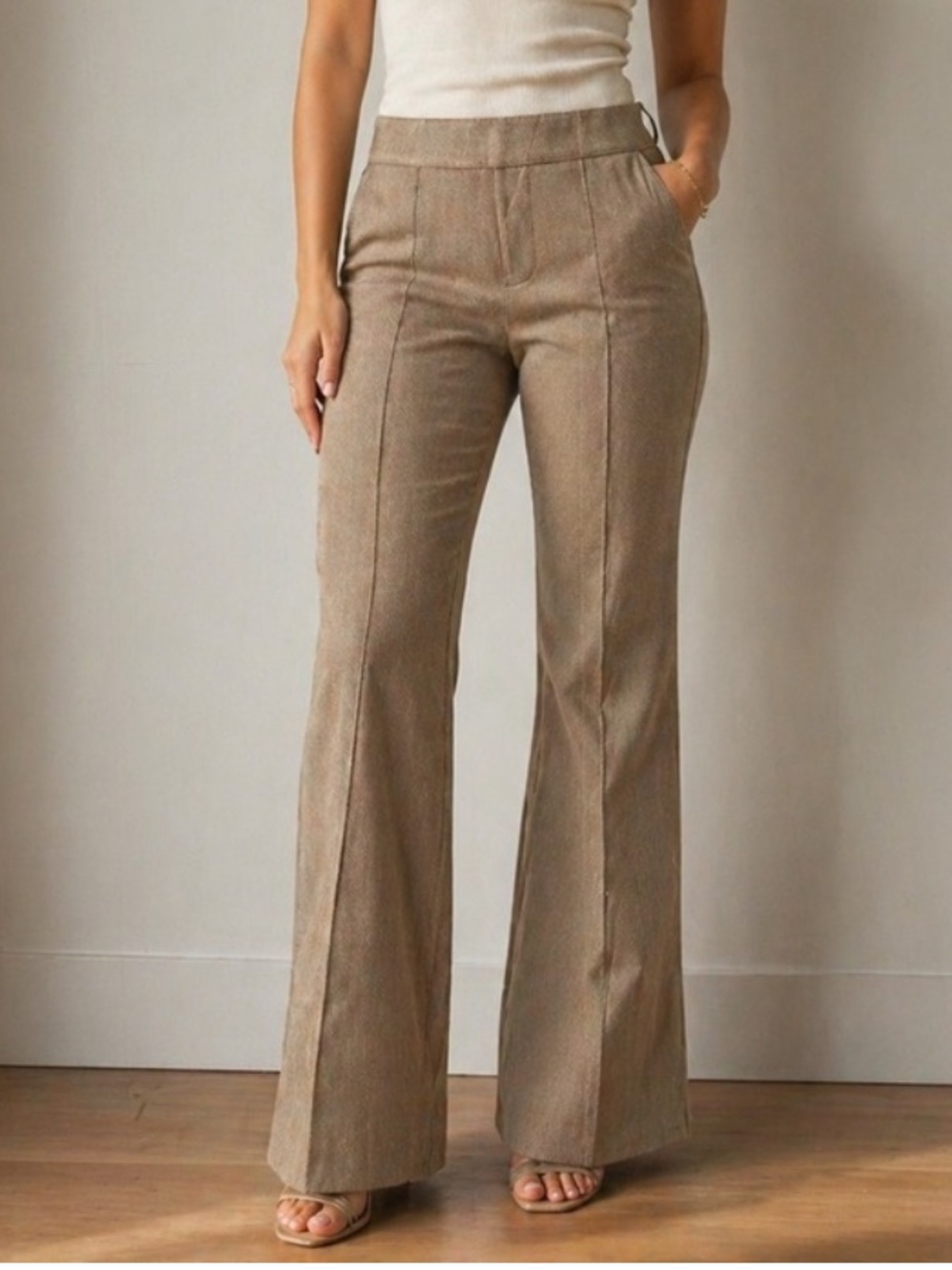 NWT Hilton Hollis toffee multi-textured trousers mid rise waist flared leg